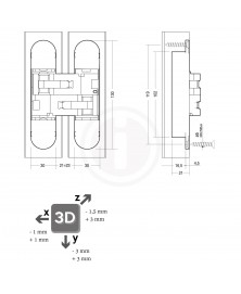 Scharnier 130 x 30 mm fiberglas – nikkel 3D verstelbaar