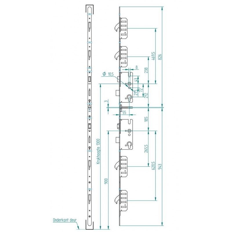 BUVA Meerpuntssluiting Duo-6220 - Cilinderbediend - DM 55 - PC 72 - 1772mm - D2+D4 - SKG ***