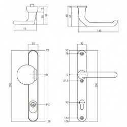 Intersteel Veiligheidsbeslag smal SKG*** greep/kruk PC 92mm met kerntrekbeveiliging aluminium