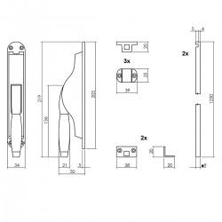 Intersteel Pomp-espagnolet Ton Basic met stangen set 2x 1250 mm Nikkel/Ebbenhout maattekening