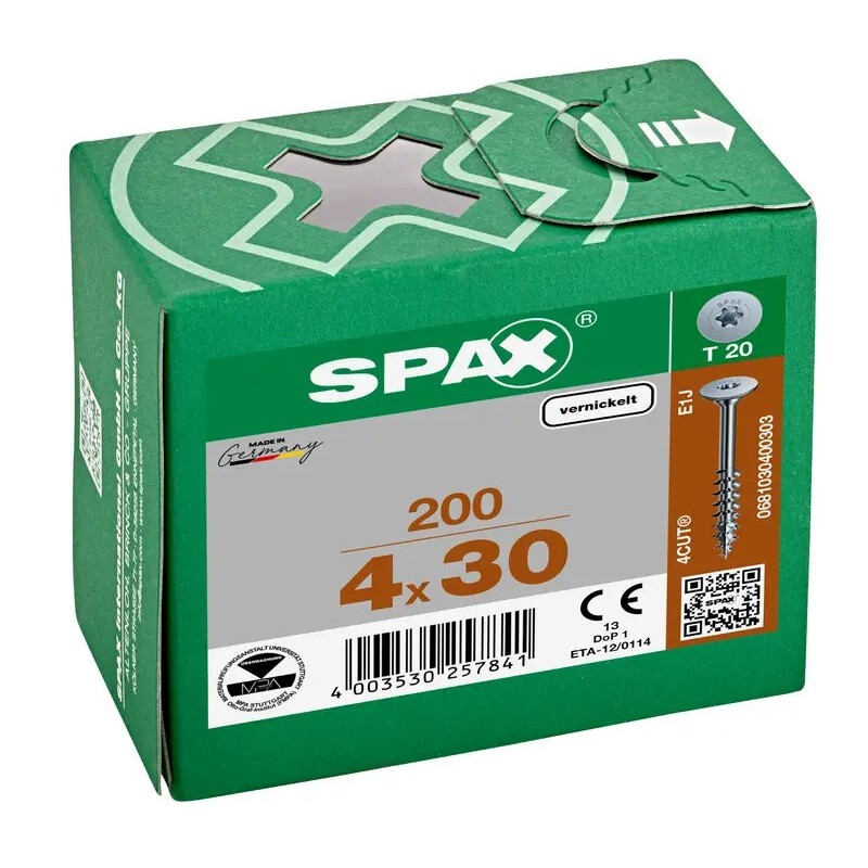 Spax Universele Schroef Vernikkeld - Platkop - 4x30mm - 200 Stuks Spax Universele Schroef Vernikkeld - Platkop - 4x30mm - 200 Stuks